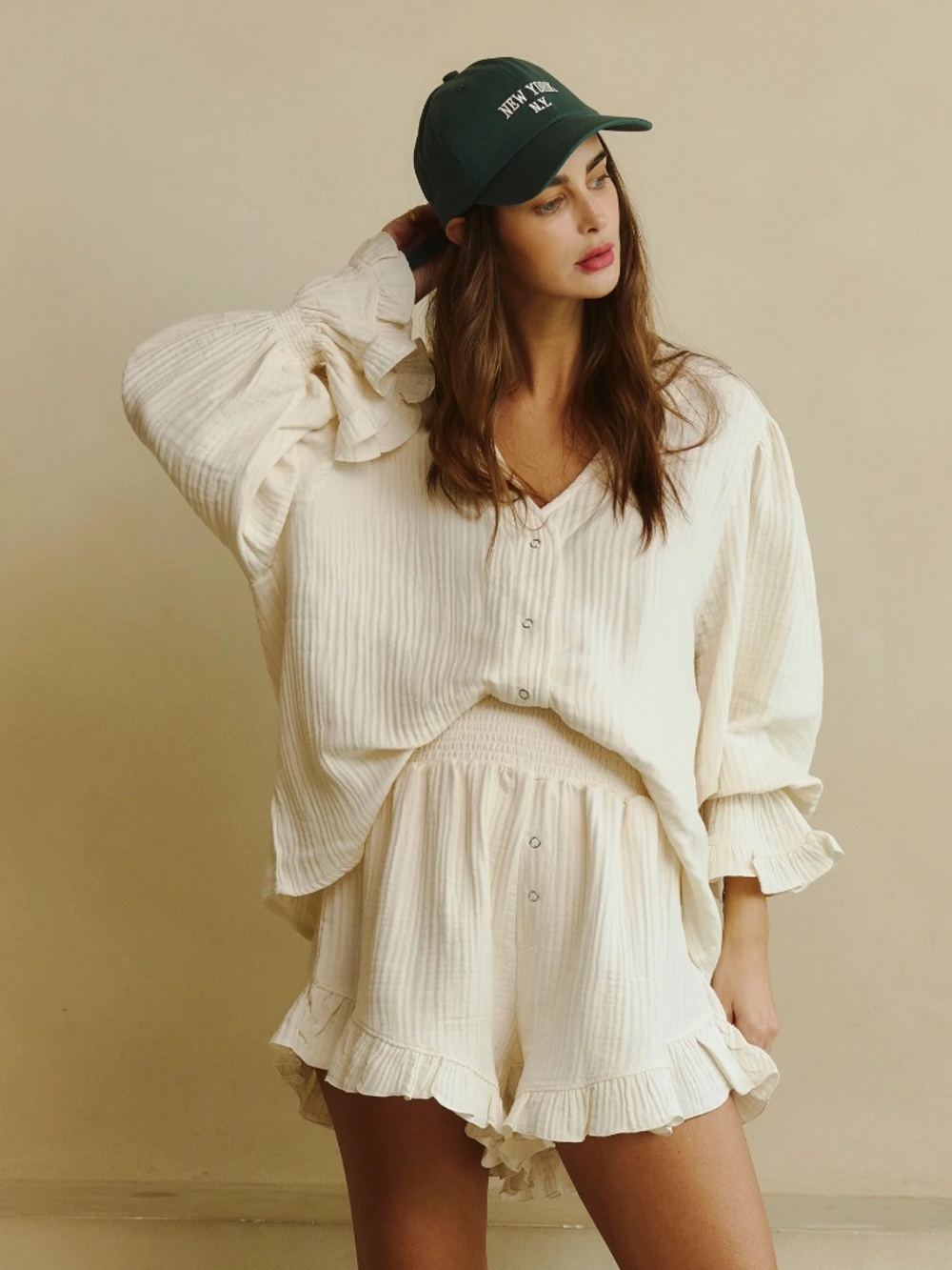 NWT Nothing Fits But Women's LUXE RUFFLED MUSLIN SET in Eggshell